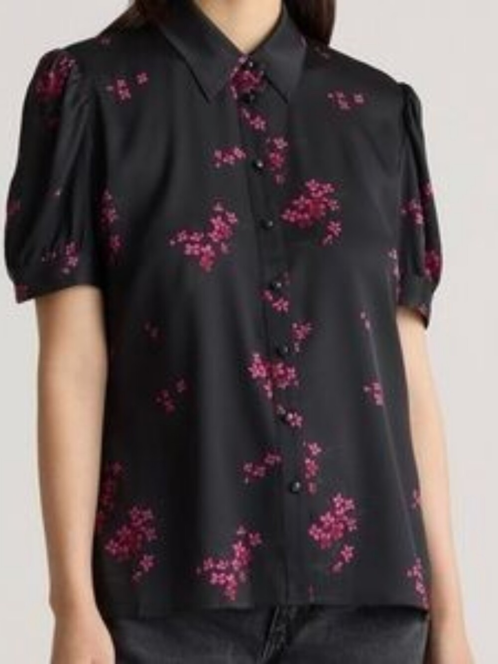 Quince Washable Silk Black Button-Down Blouse with Pink Floral Print